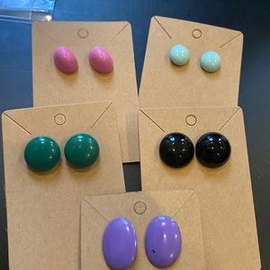 Lot of 6 button post pierced earrings pink, green, black, purple